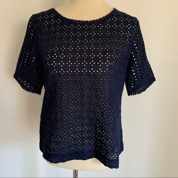 LOFT Geo Mix Eyelet Short Sleeve Navy Top - Picture 10 of 15